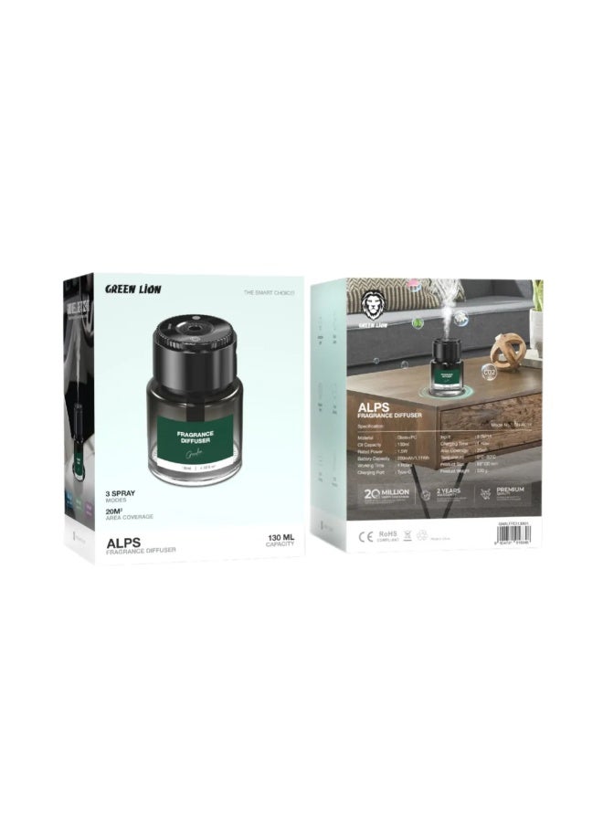 GREEN LION ALPS Fragrance Air Diffuser Multi-Mode with Light Indicator 4 Hours Working Time / Type-C Charger / Rechargeable / 130mL Capacity / Luxury Scent / 3 Spray Modes - Black - Image 4