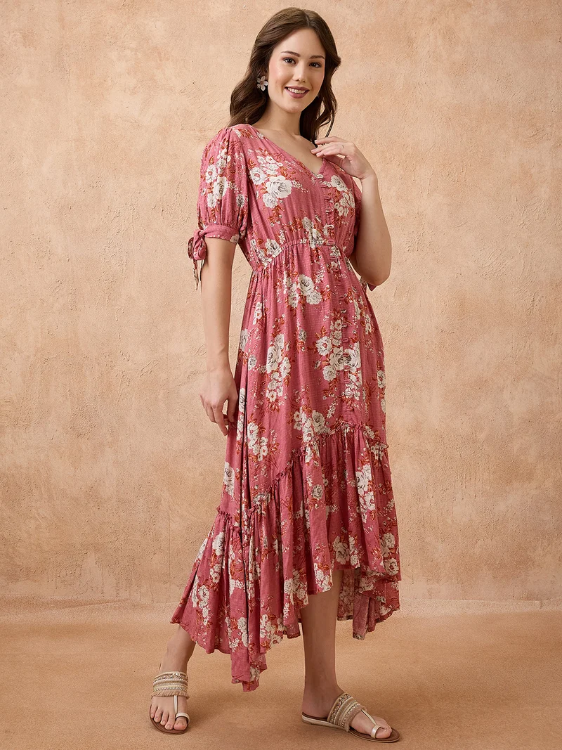 globus Women Floral Print V-Neck Puff Sleeves Fit And Flare Midi Tiered Fusion Dress