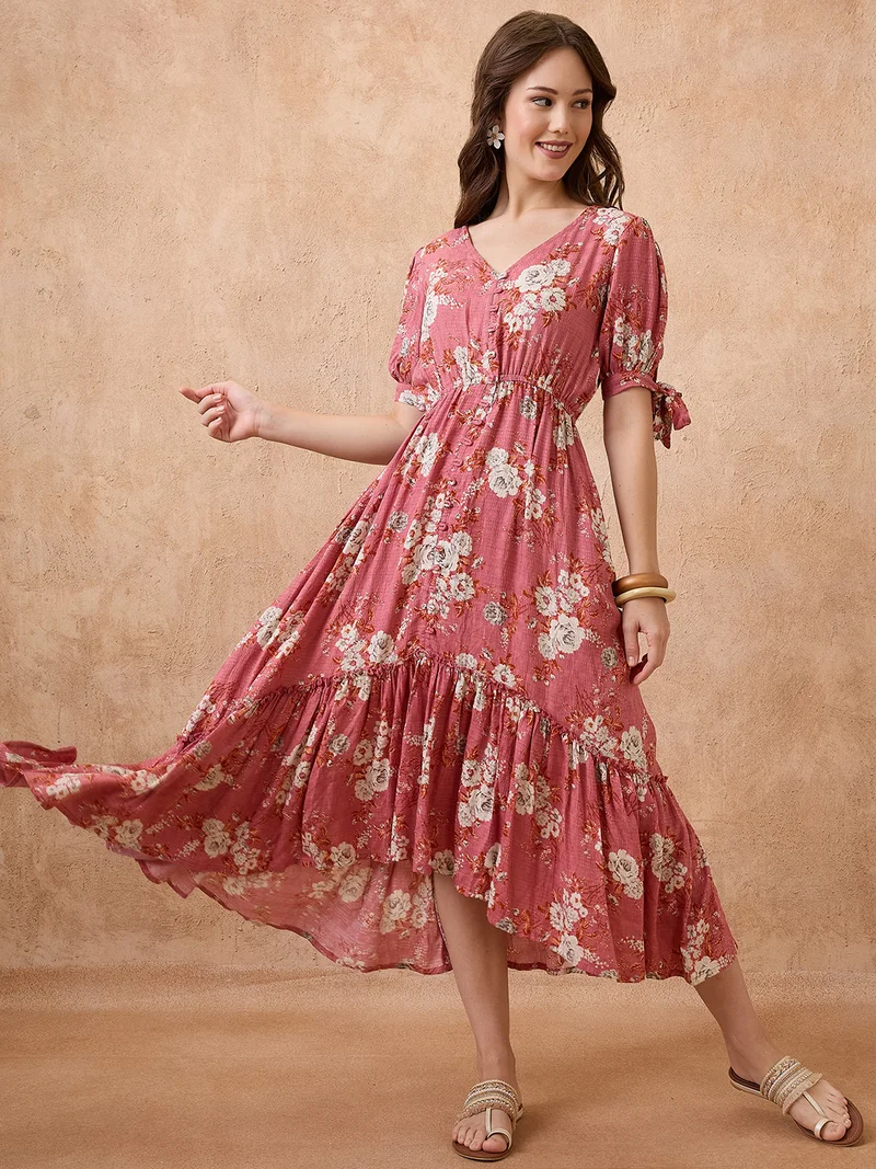 globus Women Floral Print V-Neck Puff Sleeves Fit And Flare Midi Tiered Fusion Dress
