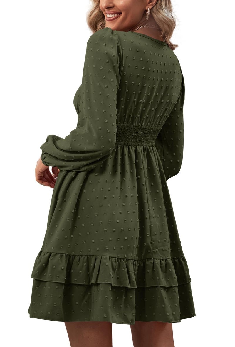 Rooscier Women's Wrap V Neck Swing Ruffle Swiss Dots Long Sleeve Mini Dress Solid Olive Green Small - Image 2