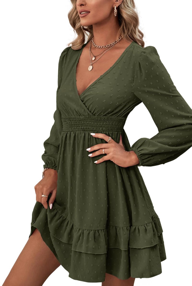 Rooscier Women's Wrap V Neck Swing Ruffle Swiss Dots Long Sleeve Mini Dress Solid Olive Green Small - Image 4