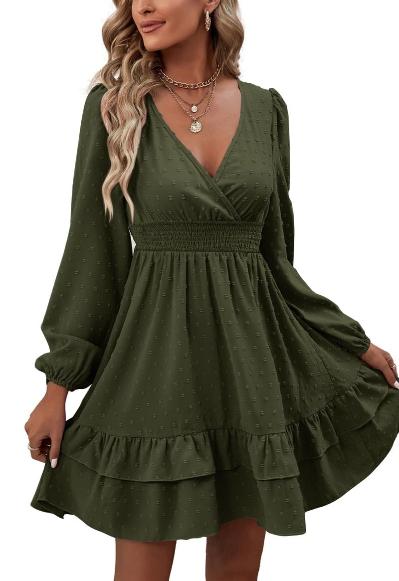 Rooscier Women's Wrap V Neck Swing Ruffle Swiss Dots Long Sleeve Mini Dress Solid Olive Green Small - Image 5