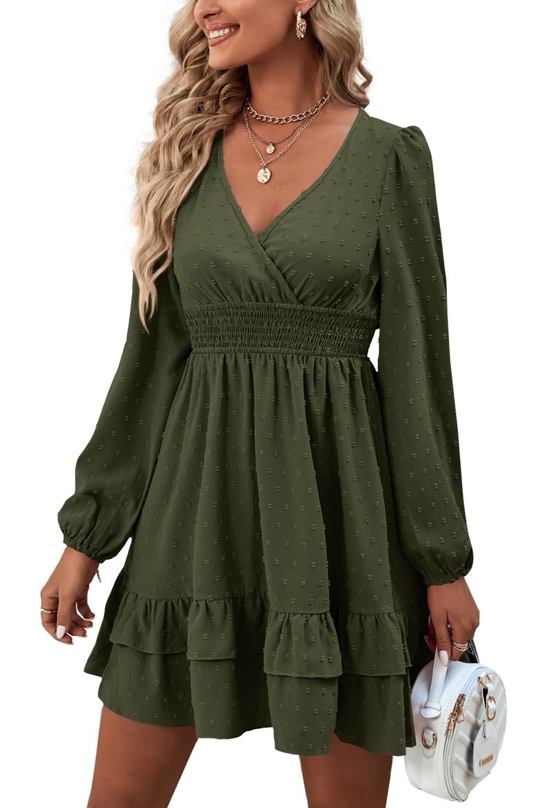 Rooscier Women's Wrap V Neck Swing Ruffle Swiss Dots Long Sleeve Mini Dress Solid Olive Green Small - Image 1