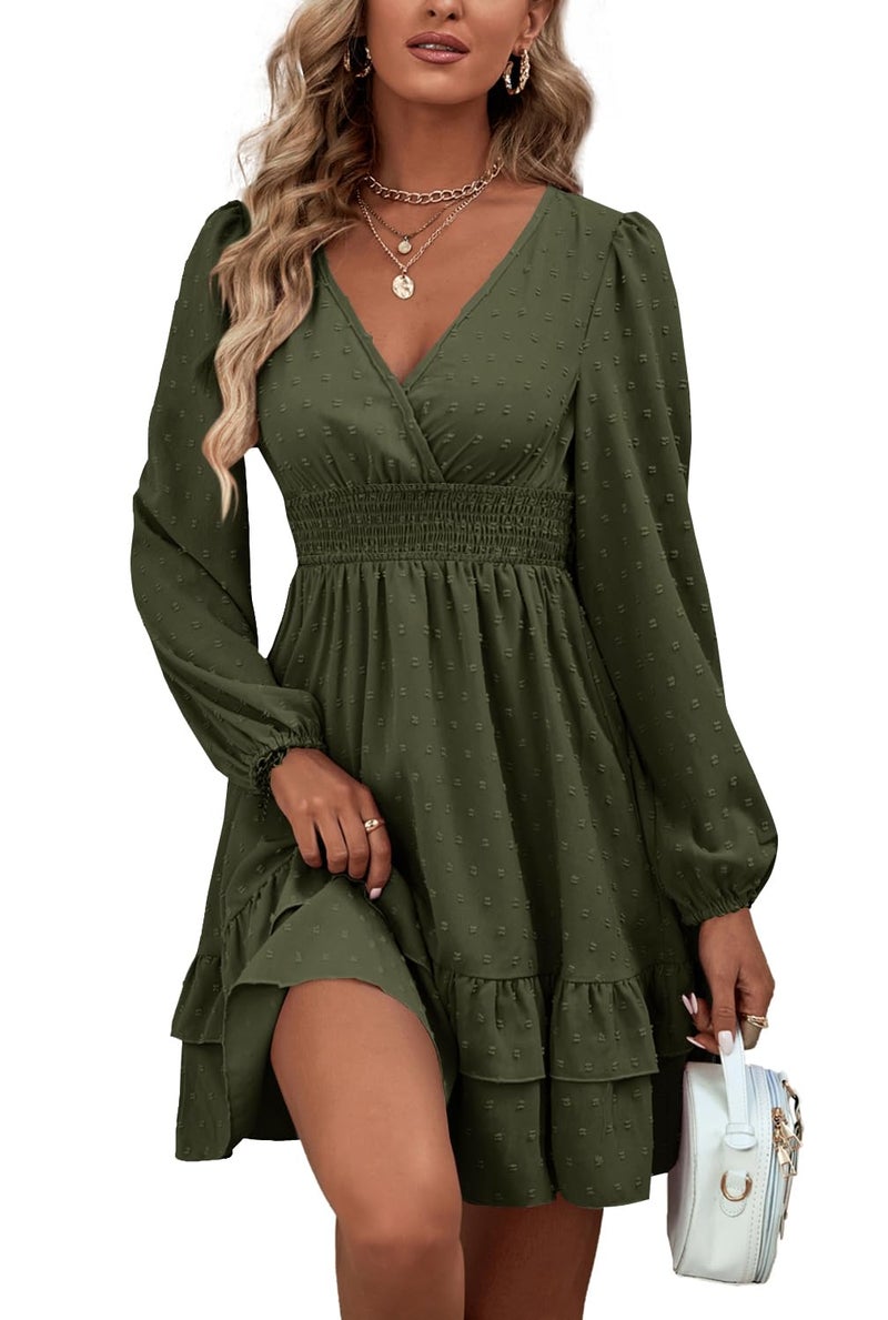 Rooscier Women's Wrap V Neck Swing Ruffle Swiss Dots Long Sleeve Mini Dress Solid Olive Green Small - Image 3