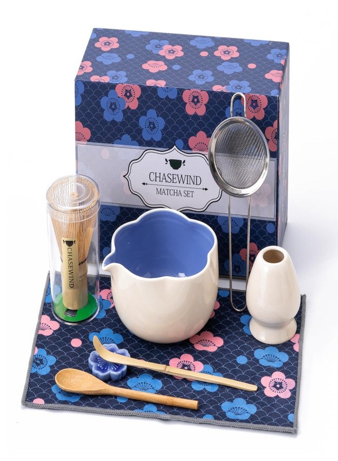 ChaseWind Matcha Set, 8Pcs Floral Ceramic Matcha Set with Matcha Whisk, Holder, Scoop, Scoop Rest, Sifter, Spoon and Tea Towel - Thoughtful Matcha Whisk Set Gift for Matcha Lovers (Beige & Blue) - Image 1