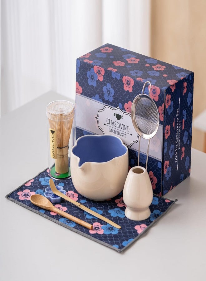 ChaseWind Matcha Set, 8Pcs Floral Ceramic Matcha Set with Matcha Whisk, Holder, Scoop, Scoop Rest, Sifter, Spoon and Tea Towel - Thoughtful Matcha Whisk Set Gift for Matcha Lovers (Beige & Blue) - Image 2