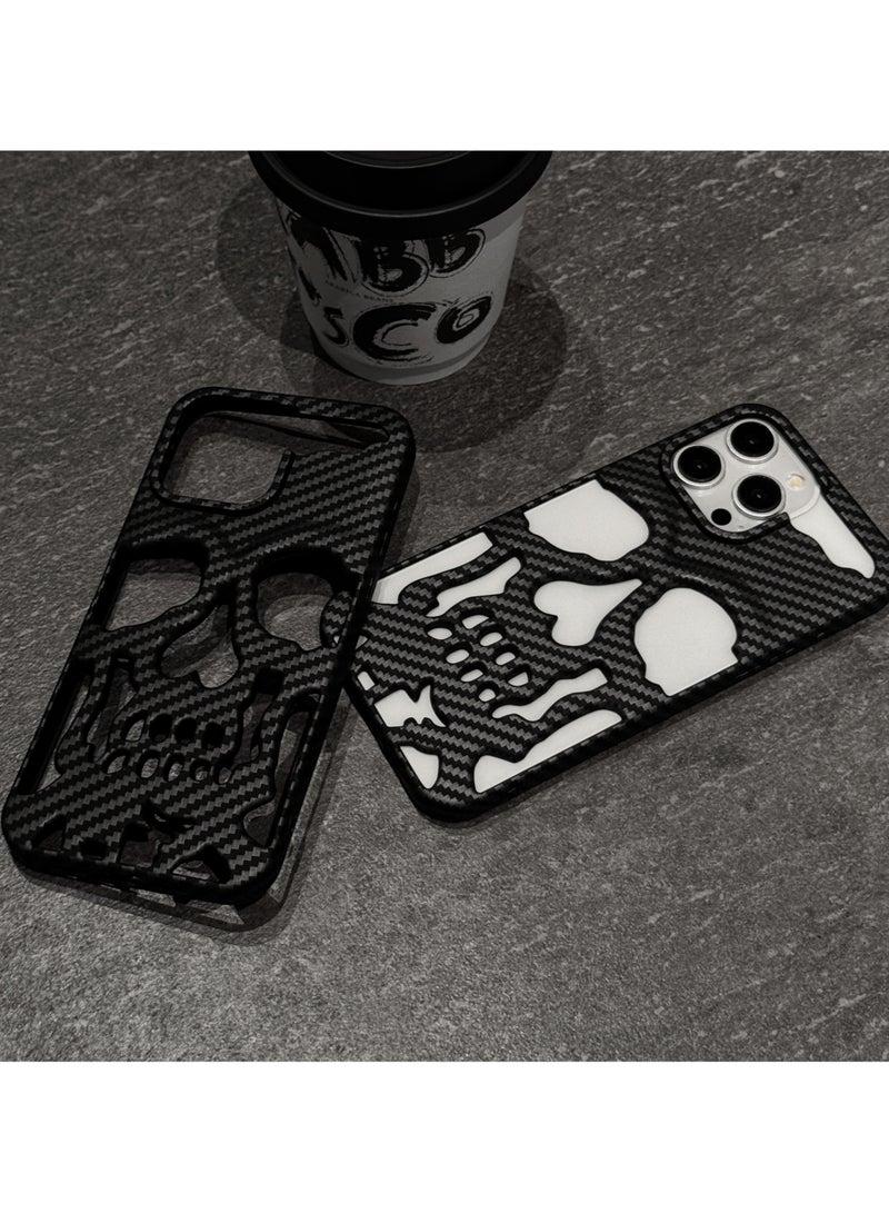 Color Fans Case for iPhone 14 Pro Max Carbon Fiber Skull Case Full Protect Carving Back Cover - Image 5