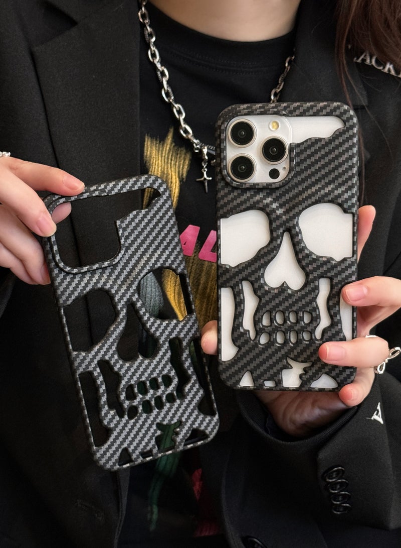 Color Fans Case for iPhone 14 Pro Max Carbon Fiber Skull Case Full Protect Carving Back Cover - Image 3