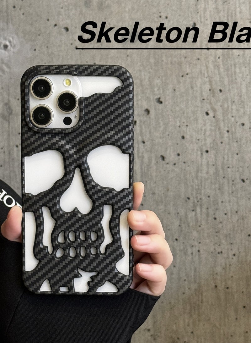 Color Fans Case for iPhone 14 Pro Max Carbon Fiber Skull Case Full Protect Carving Back Cover - Image 2
