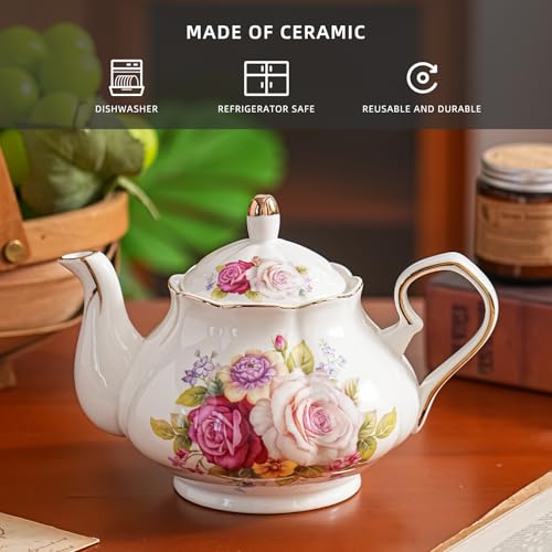 Agyiuns Flower Ceramic Teapot,22oz Porcelain Tea pot for Tea Coffee Milk for Office Home Men Women as Gift (Rose) - Image 3