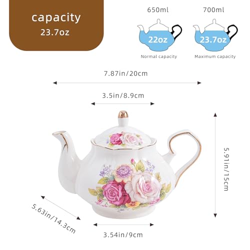 Agyiuns Flower Ceramic Teapot,22oz Porcelain Tea pot for Tea Coffee Milk for Office Home Men Women as Gift (Rose) - Image 2
