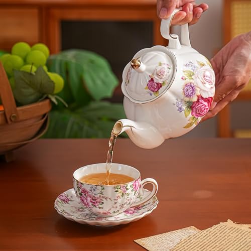 Agyiuns Flower Ceramic Teapot,22oz Porcelain Tea pot for Tea Coffee Milk for Office Home Men Women as Gift (Rose) - Image 4