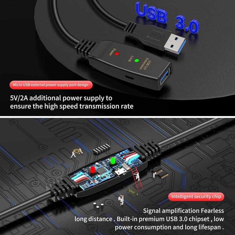 كابل تمديد نشط USB 3.0 بطول 60 قدم، كابل تمديد من نوع USB A ذكر إلى أنثى مع شريحتي تعزيز إشارة ومنفذ طاقة Micro USB، مكرر عالي السرعة 5 جيجابت في الثانية لـ Oculus VR وكاميرا الويب وXbox والطابعة - Image 4