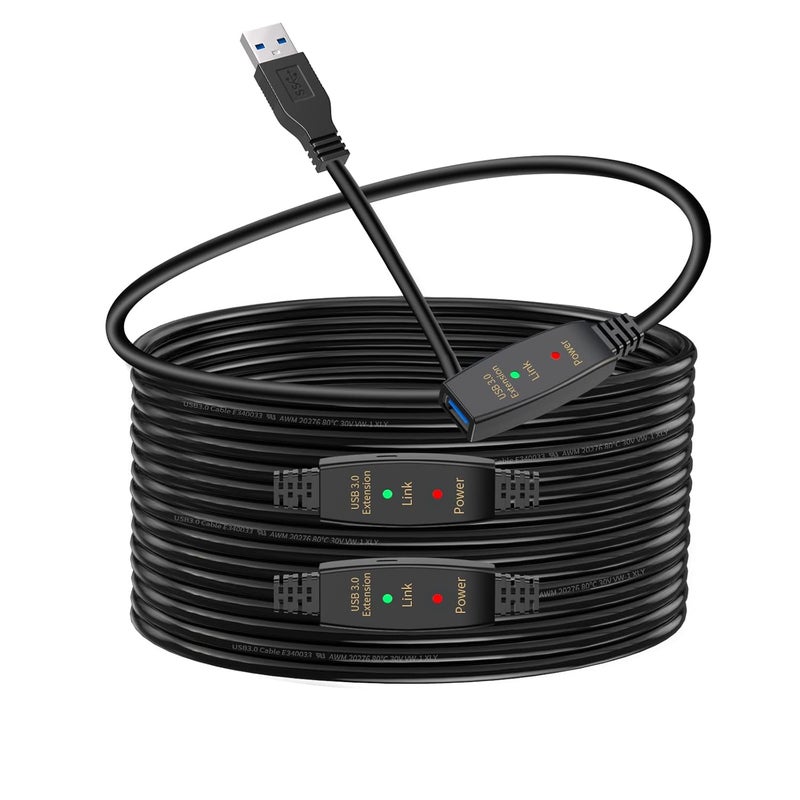 كابل تمديد نشط USB 3.0 بطول 60 قدم، كابل تمديد من نوع USB A ذكر إلى أنثى مع شريحتي تعزيز إشارة ومنفذ طاقة Micro USB، مكرر عالي السرعة 5 جيجابت في الثانية لـ Oculus VR وكاميرا الويب وXbox والطابعة - Image 1