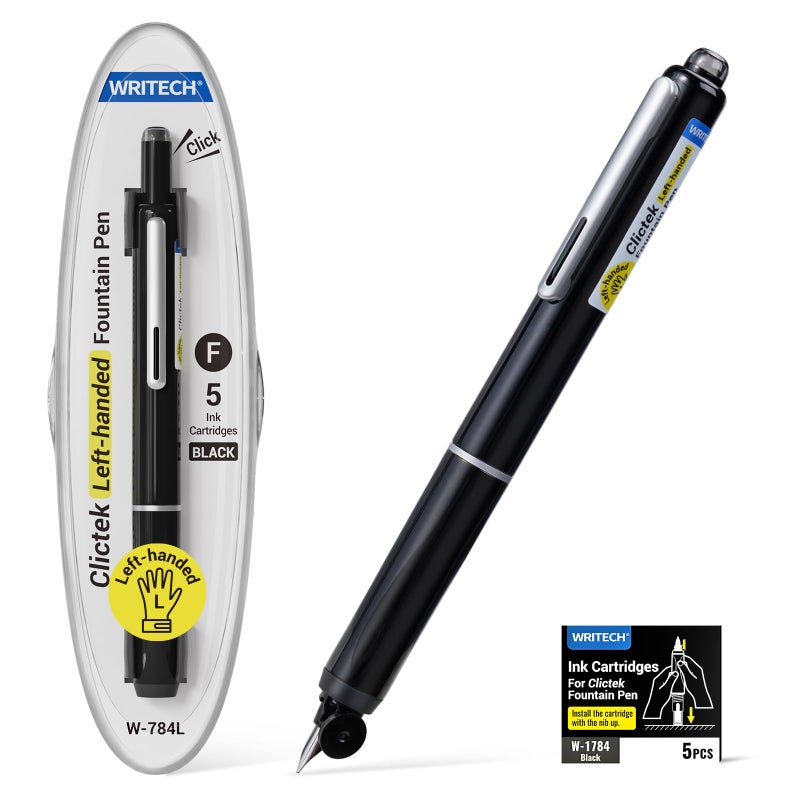 WRITECH Fountain Pen Left Handed: Retractable Style Black Ink Set Fine Nib, Includes 5 Ink Cartridges for Smooth Writing Calligraphy Journaling - Image 1
