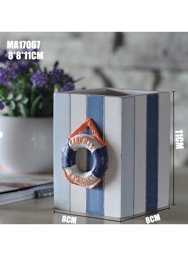 YINZUO Table Pencil Storage Holder Nautical Striped Desk Organizer Beach-Themed Pen Holders with Sailboat, Lifebuoy, Starfish, and Bird Decor - Image 3