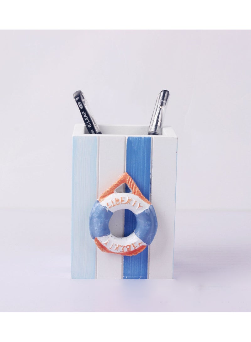 YINZUO Table Pencil Storage Holder Nautical Striped Desk Organizer Beach-Themed Pen Holders with Sailboat, Lifebuoy, Starfish, and Bird Decor - Image 2
