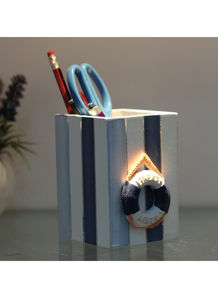 YINZUO Table Pencil Storage Holder Nautical Striped Desk Organizer Beach-Themed Pen Holders with Sailboat, Lifebuoy, Starfish, and Bird Decor - Image 1