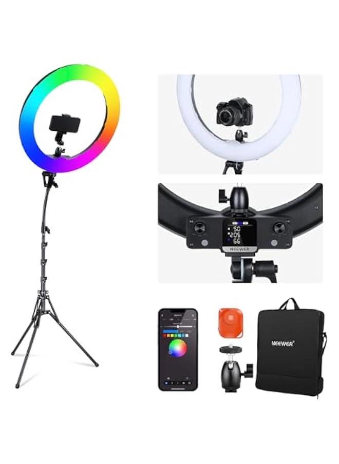 Arabest 18-inch RGB LED Ring Light with Stand and Phone Holder, 42W Dimmable 2500K-10000K Bi-Color CRI97+/TLCI98+ Full Color 18 Scene Selfie Makeup TikTok Vlog.  - Image 1