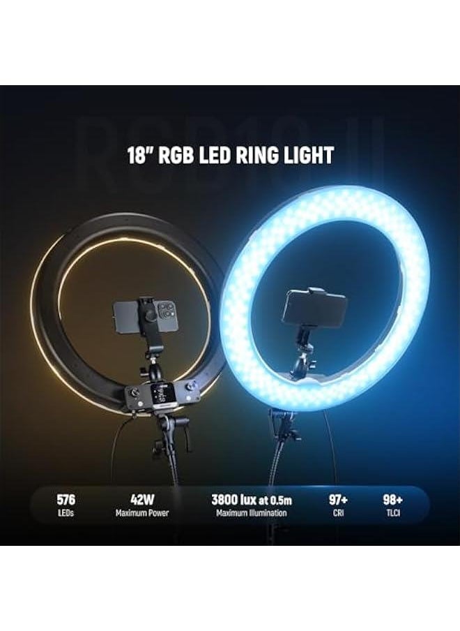 Arabest 18-inch RGB LED Ring Light with Stand and Phone Holder, 42W Dimmable 2500K-10000K Bi-Color CRI97+/TLCI98+ Full Color 18 Scene Selfie Makeup TikTok Vlog.  - Image 2