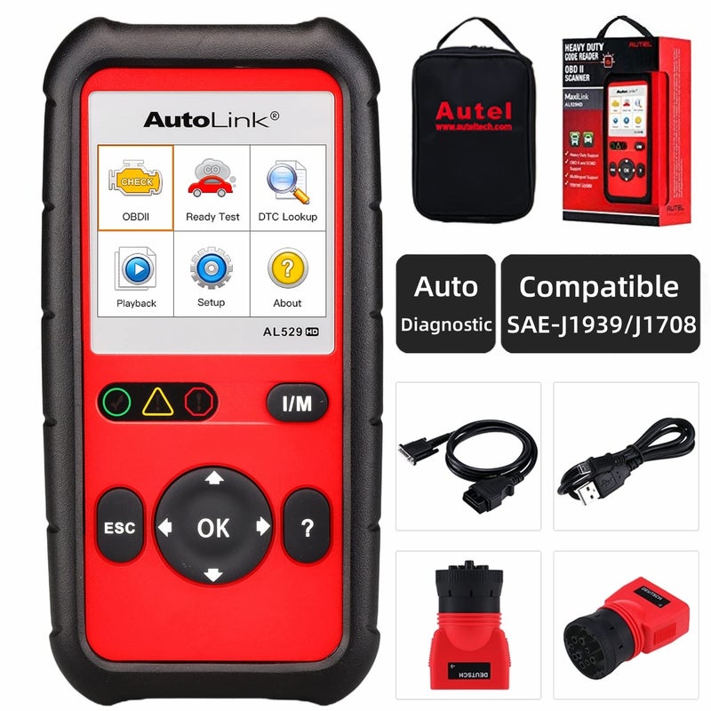 Autel أوتيل أوتولينك AL529HD مع ماسحة شاشة OBD2 لقراءة رموز الشاحنات الثقيلة AutoVIN قراءة وحذف DTCs اختبار مراقبة O2 تحقق من البيانات الحية متقدم AL519AL529 متوافق مع SAEJ1939J1708 أسود