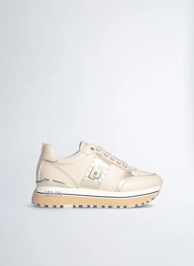 ليو جو Beige Leather Platform Sneakers