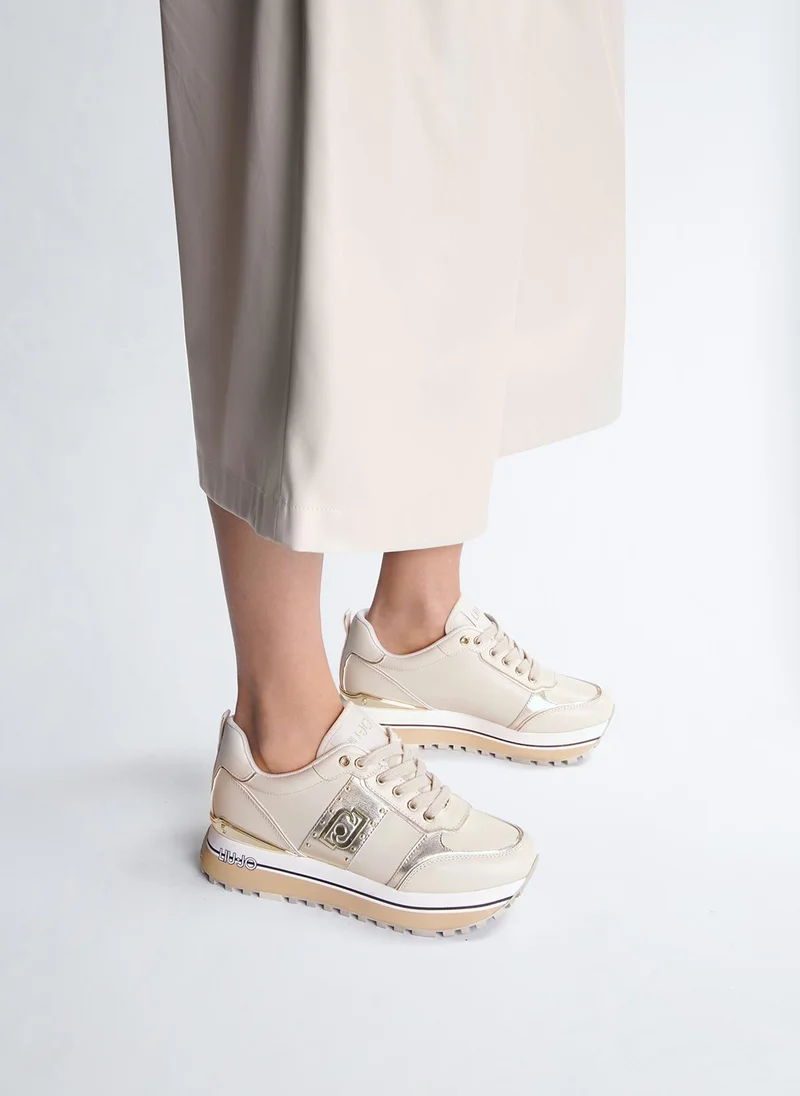 ليو جو Beige Leather Platform Sneakers