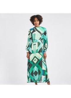 FAV All-Over Print A-line Dress with Long Sleeves and Belt  - Image 1