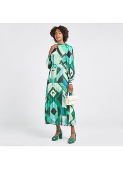 FAV All-Over Print A-line Dress with Long Sleeves and Belt  - Image 2