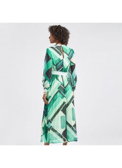 FAV All-Over Print A-line Dress with Long Sleeves and Belt  - Image 3