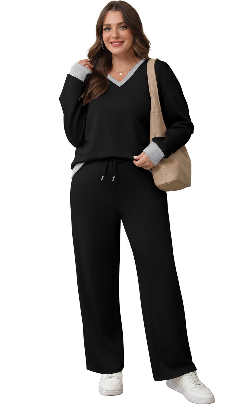 WIHOLL Early Fall Fashion Must Haves Winter Clothing for Women Fall Clothes Fashion Clothing Womens Tops Tracksuits Travel Spring Airport Outfits 2026 Wide Leg Sweatpants 2 Piece Lounge Sets Black L - Image 4