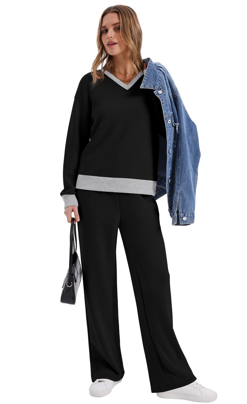 WIHOLL Early Fall Fashion Must Haves Winter Clothing for Women Fall Clothes Fashion Clothing Womens Tops Tracksuits Travel Spring Airport Outfits 2026 Wide Leg Sweatpants 2 Piece Lounge Sets Black L - Image 3
