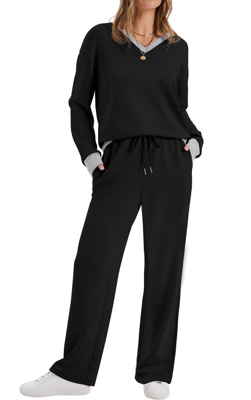 WIHOLL Early Fall Fashion Must Haves Winter Clothing for Women Fall Clothes Fashion Clothing Womens Tops Tracksuits Travel Spring Airport Outfits 2026 Wide Leg Sweatpants 2 Piece Lounge Sets Black L - Image 2