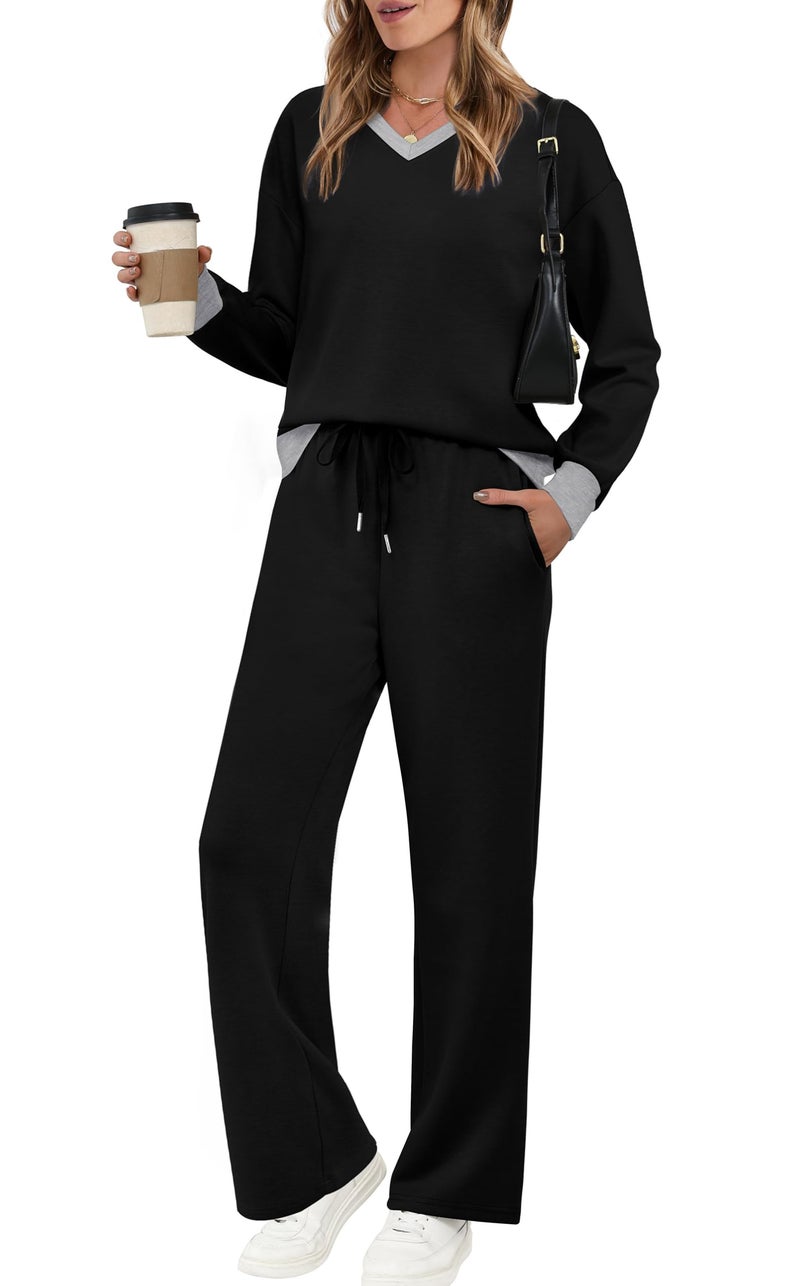 WIHOLL Early Fall Fashion Must Haves Winter Clothing for Women Fall Clothes Fashion Clothing Womens Tops Tracksuits Travel Spring Airport Outfits 2026 Wide Leg Sweatpants 2 Piece Lounge Sets Black L - Image 1