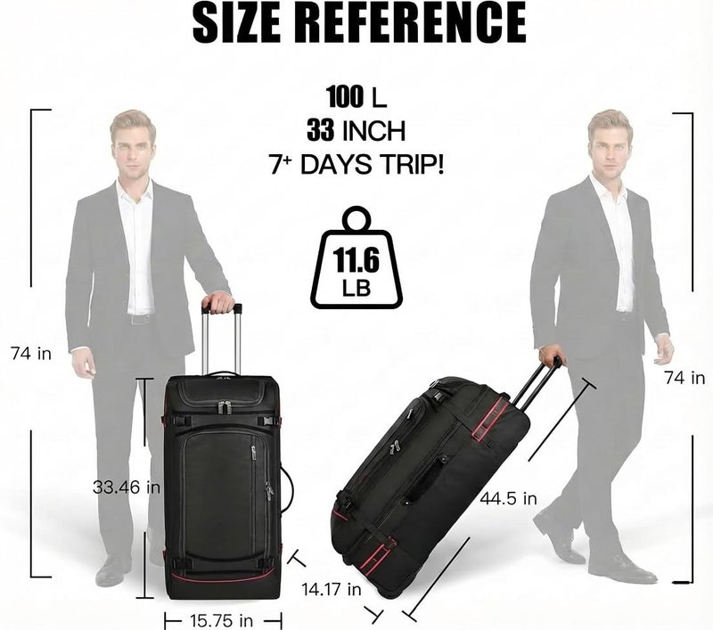 Heliar 100L Extra Large Rolling Duffel Bag with Wheels and Handle â€“ 33" Heavy-Duty 1600D PVC Checked Luggage for Business Travel and Menâ€™s Week-Long Trips, Foldable Base Design - Image 2
