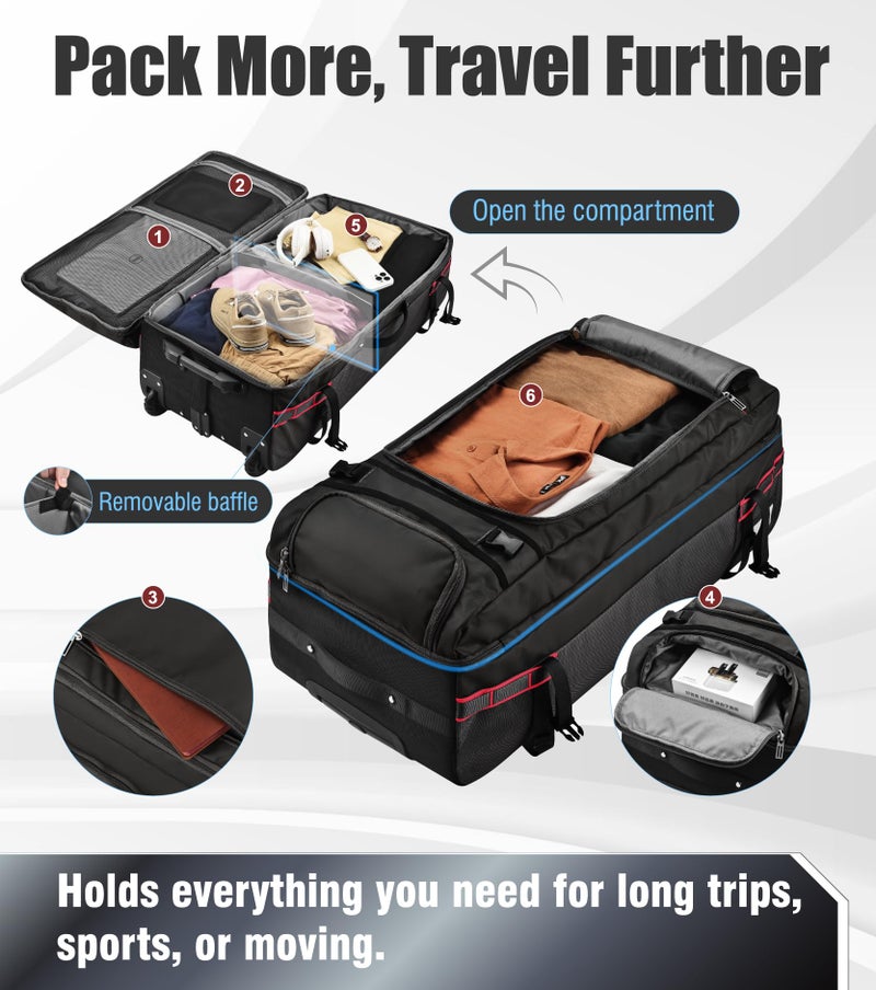 Heliar 100L Extra Large Rolling Duffel Bag with Wheels and Handle â€“ 33" Heavy-Duty 1600D PVC Checked Luggage for Business Travel and Menâ€™s Week-Long Trips, Foldable Base Design - Image 5