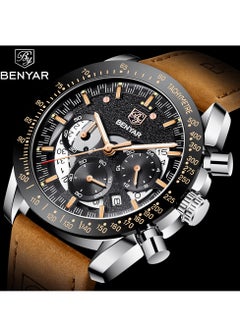 BENYAR Watches for Men Luxury Quartz Water Resistant Watch Men's Chronograph Genuine Leather Strap 5120 Brown  - Image 2