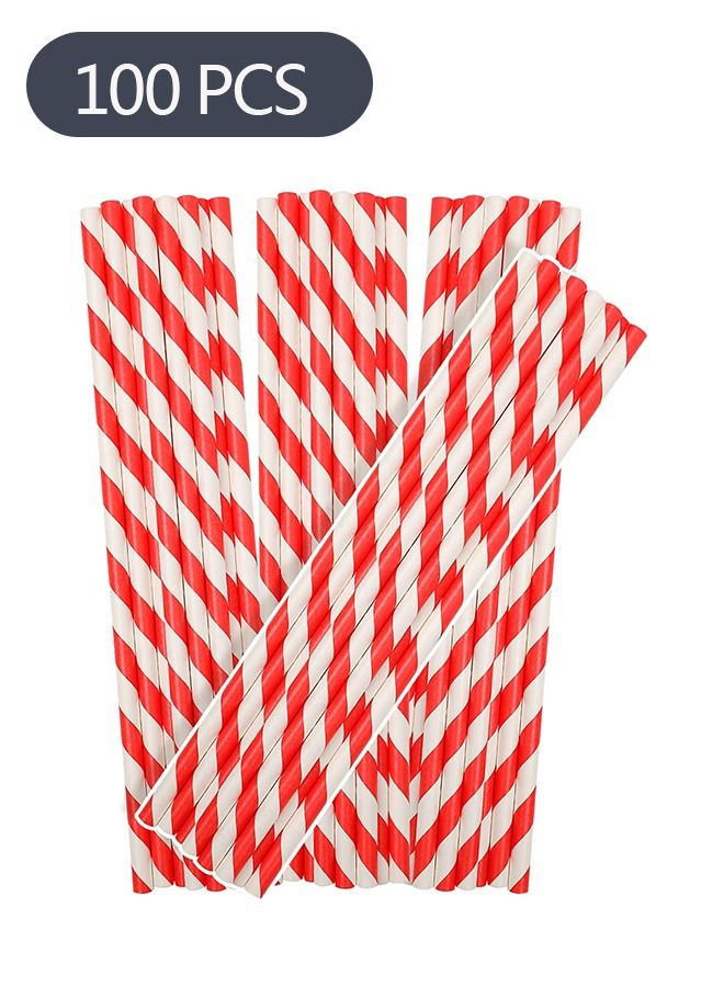 100-Piece Disposable Drinking Striped Paper Straws, Red Striped Paper Straws for Juice Shakes Smoothies Cocktail
