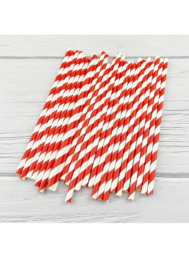 100-Piece Disposable Drinking Striped Paper Straws, Red Striped Paper Straws for Juice Shakes Smoothies Cocktail