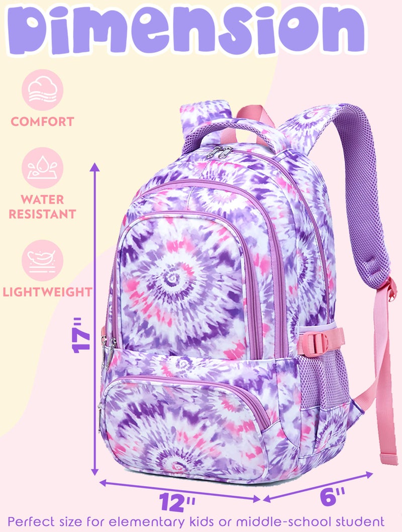 BLUEFAIRY Kids Backpack for Girls Elementary Primary Middle School Bag for Aged 8-10 for Teens Childs Bookbag Back to School Bag Mochilas Escolares para NiÃƒÂ±as de 7 8 9 10 Tie-dye Purple - Image 2