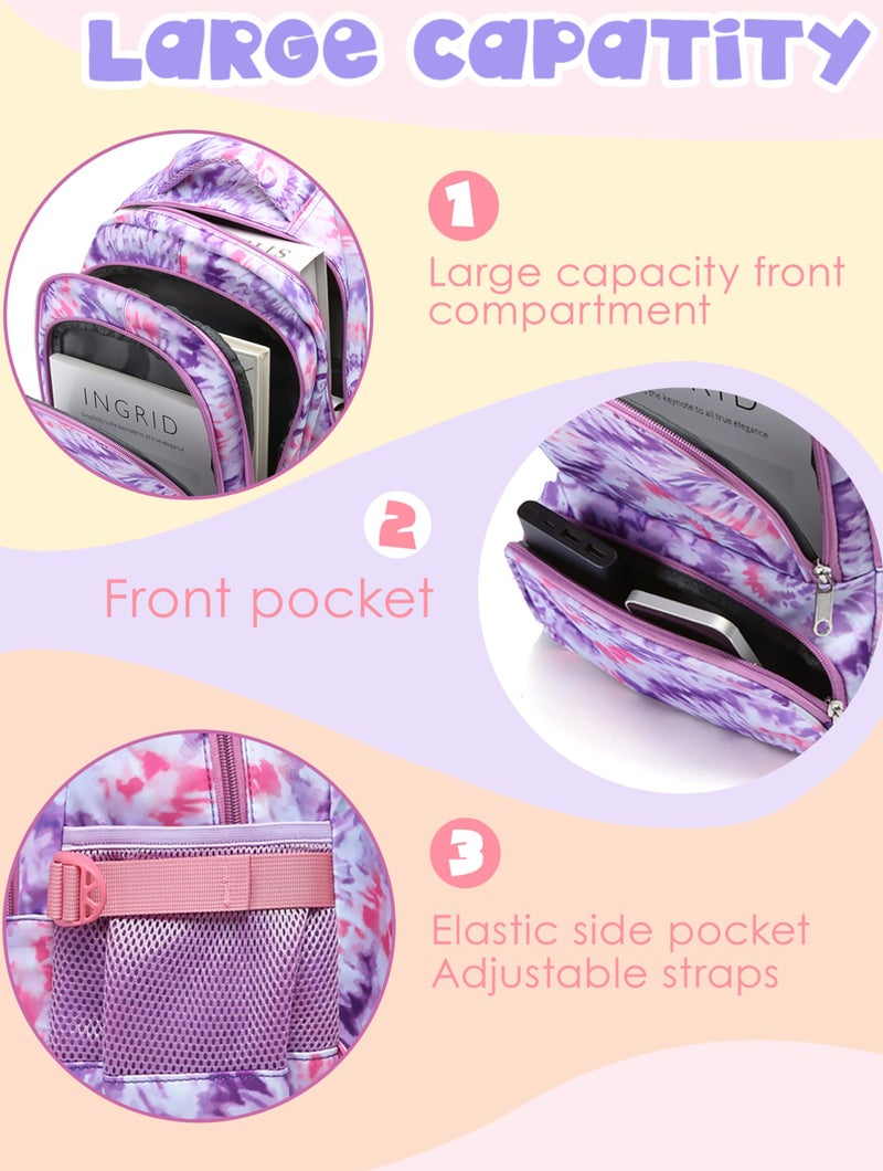 BLUEFAIRY Kids Backpack for Girls Elementary Primary Middle School Bag for Aged 8-10 for Teens Childs Bookbag Back to School Bag Mochilas Escolares para NiÃƒÂ±as de 7 8 9 10 Tie-dye Purple - Image 4