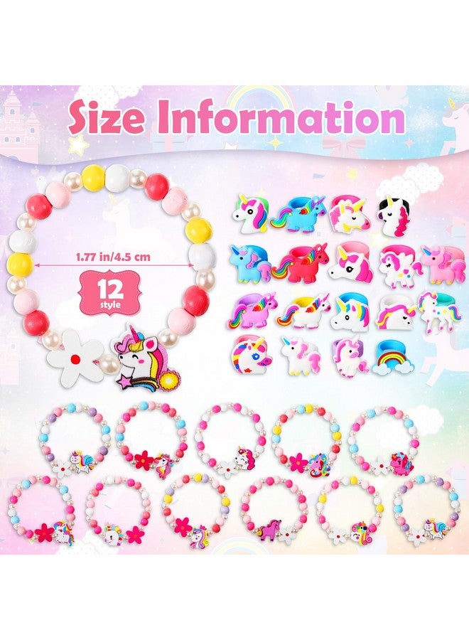 تونديامو مجموعة أساور حلقات يونيكورن مكونة من 48 قطعة تتضمن 12 قطعة من أساور يونيكورن الخشبية للفتيات و36 قطعة من حلقات ألعاب يونيكورن السيليكونية، هدايا لطيفة للفتيات لحفلات يونيكورن وحقيبة هدايا عيد الميلاد - Image 2
