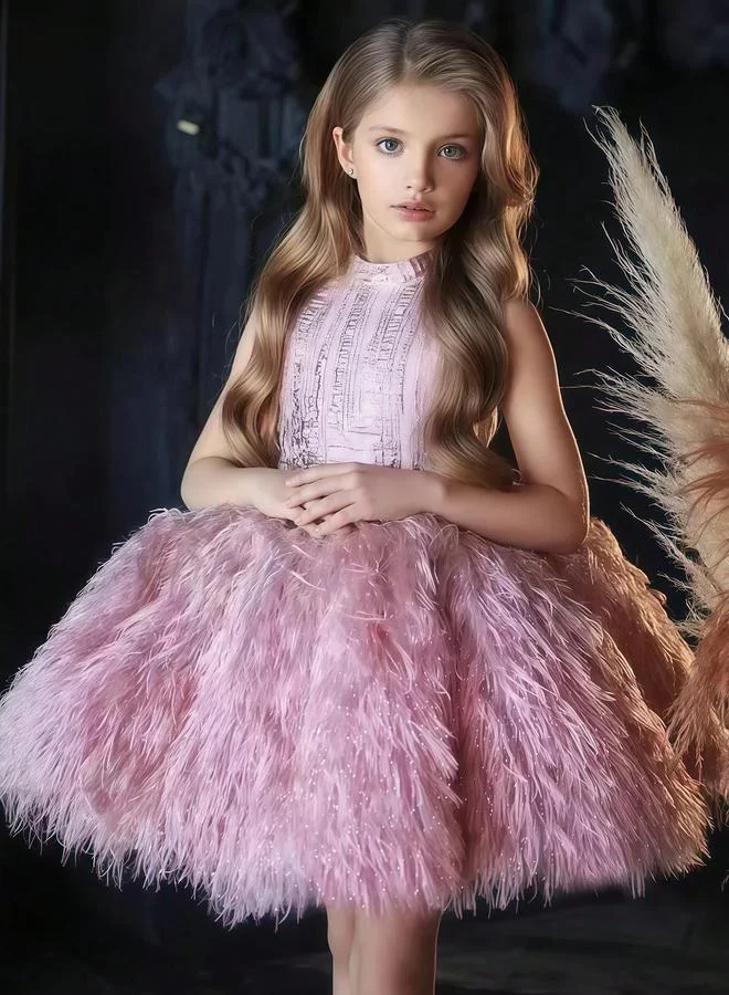 Take Two Girls Pink Faux Fur Embellished A-Line Midi Dress