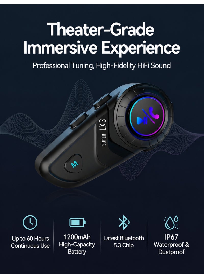 Manopola LX3 Motorcycle Helmet Bluetooth Headset, Bluetooth 5.3 Helmet Intercom with RGB Light, IP67 Waterproof, 60H Playtime, Wind Noise Reduction, One-Click AI Voice Assistant, EQ Sound Effect for Motorcycle Riding - Image 2