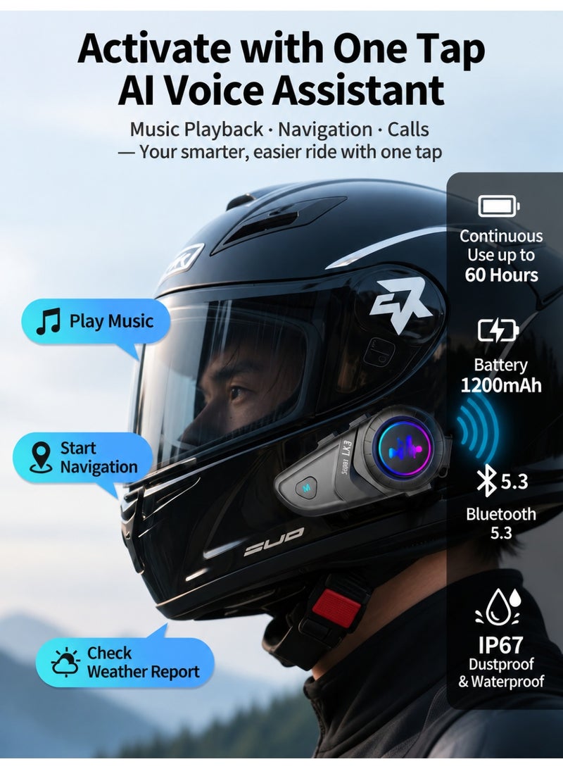 Manopola LX3 Motorcycle Helmet Bluetooth Headset, Bluetooth 5.3 Helmet Intercom with RGB Light, IP67 Waterproof, 60H Playtime, Wind Noise Reduction, One-Click AI Voice Assistant, EQ Sound Effect for Motorcycle Riding - Image 3