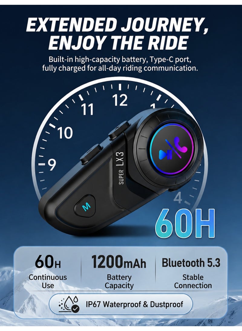 Manopola LX3 Motorcycle Helmet Bluetooth Headset, Bluetooth 5.3 Helmet Intercom with RGB Light, IP67 Waterproof, 60H Playtime, Wind Noise Reduction, One-Click AI Voice Assistant, EQ Sound Effect for Motorcycle Riding - Image 4