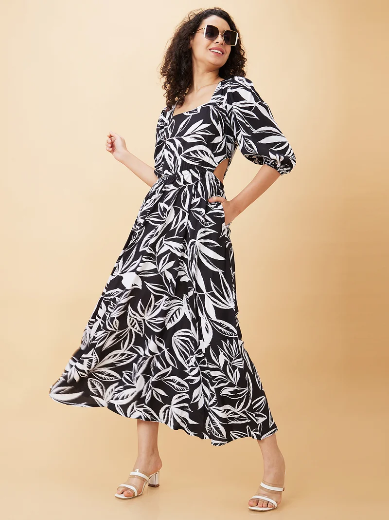 globus Women Floral Printed Puff Sleeve Cut Outs Maxi Dress