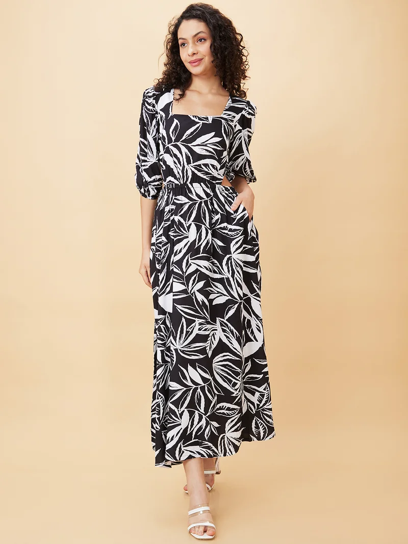 globus Globus Women Floral Printed Puff Sleeve Cut Outs Maxi Dress