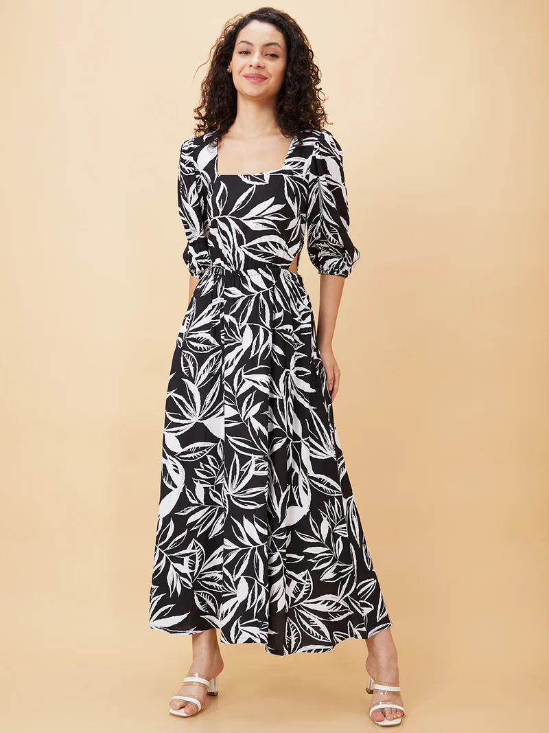 globus Globus Women Floral Printed Puff Sleeve Cut Outs Maxi Dress