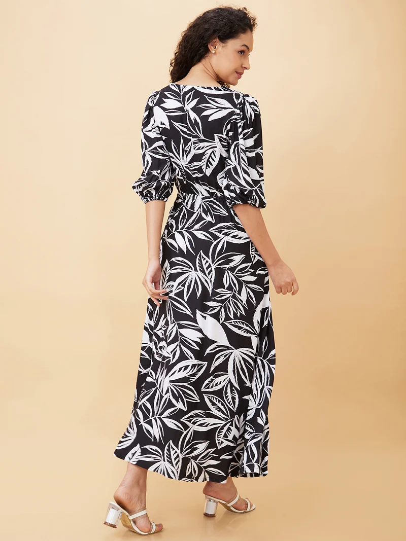 globus Globus Women Floral Printed Puff Sleeve Cut Outs Maxi Dress